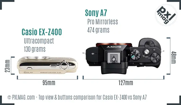 Casio EX-Z400 vs Sony A7 top view buttons comparison