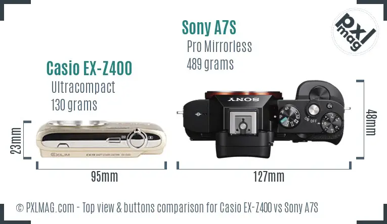 Casio EX-Z400 vs Sony A7S top view buttons comparison