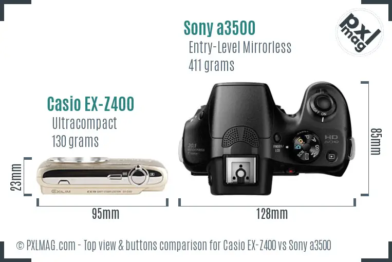 Casio EX-Z400 vs Sony a3500 top view buttons comparison Casio EX-Z400 vs Sony a3500 top view buttons comparison
