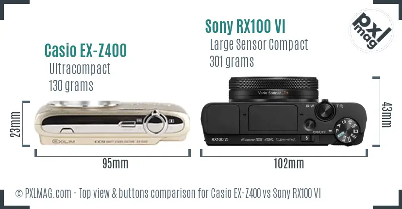 Casio EX-Z400 vs Sony RX100 VI top view buttons comparison Casio EX-Z400 vs Sony RX100 VI top view buttons comparison