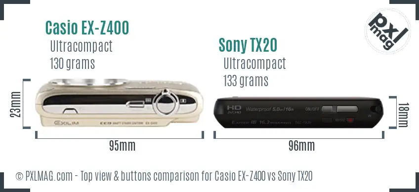 Casio EX-Z400 vs Sony TX20 top view buttons comparison