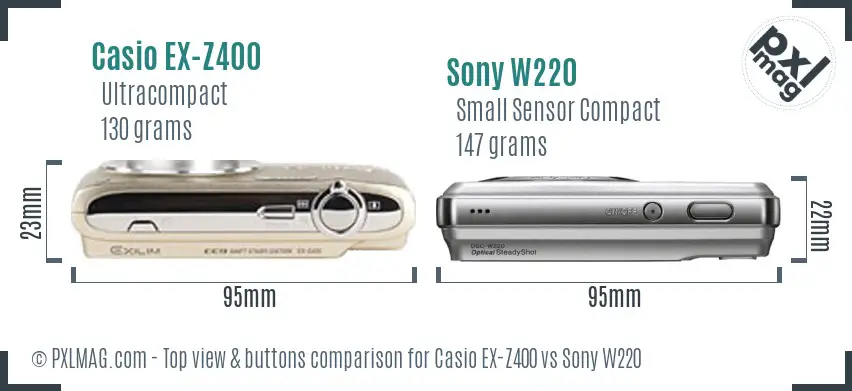 Casio EX-Z400 vs Sony W220 top view buttons comparison Casio EX-Z400 vs Sony W220 top view buttons comparison