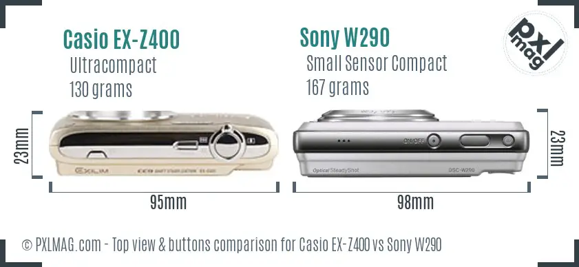 Casio EX-Z400 vs Sony W290 top view buttons comparison Casio EX-Z400 vs Sony W290 top view buttons comparison