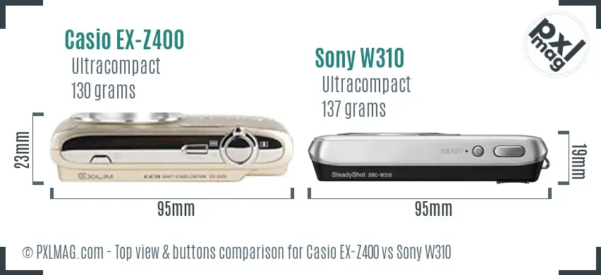 Casio EX-Z400 vs Sony W310 top view buttons comparison Casio EX-Z400 vs Sony W310 top view buttons comparison