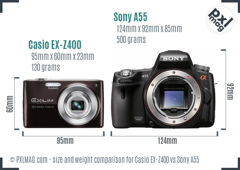 Casio EX-Z400 vs Sony A55 size comparison Casio EX-Z400 vs Sony A55 size comparison