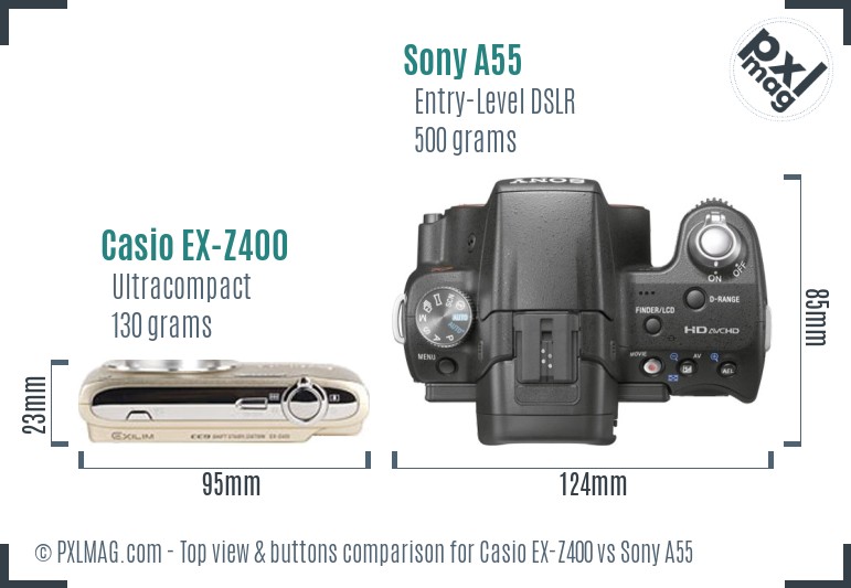 Casio EX-Z400 vs Sony A55 top view buttons comparison