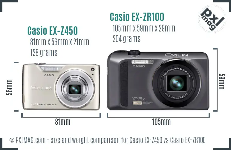 Casio EX-Z450 vs Casio EX-ZR100 size comparison