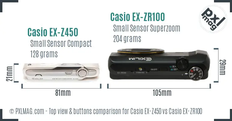 Casio EX-Z450 vs Casio EX-ZR100 top view buttons comparison
