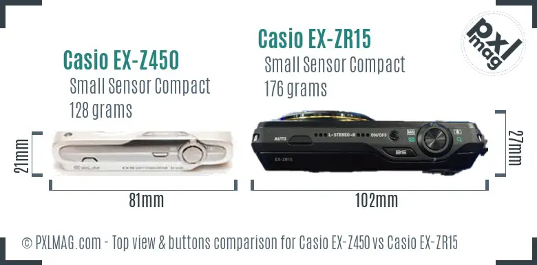 Casio EX-Z450 vs Casio EX-ZR15 top view buttons comparison