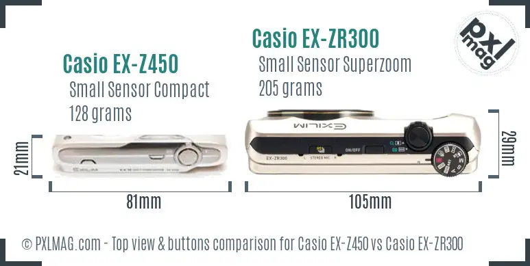 Casio EX-Z450 vs Casio EX-ZR300 top view buttons comparison