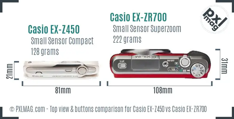 Casio EX-Z450 vs Casio EX-ZR700 top view buttons comparison