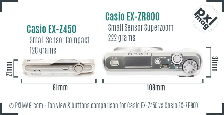 Casio EX-Z450 vs Casio EX-ZR800 top view buttons comparison
