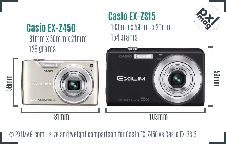 Casio EX-Z450 vs Casio EX-ZS15 size comparison