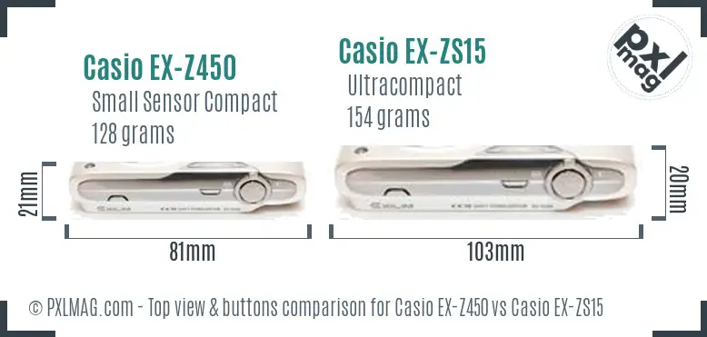 Casio EX-Z450 vs Casio EX-ZS15 top view buttons comparison