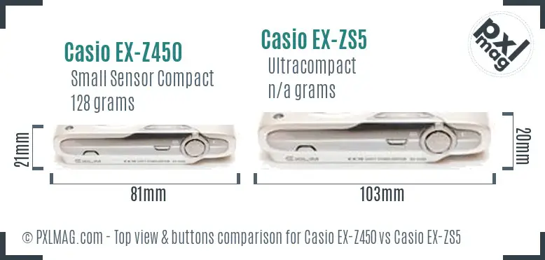 Casio EX-Z450 vs Casio EX-ZS5 top view buttons comparison