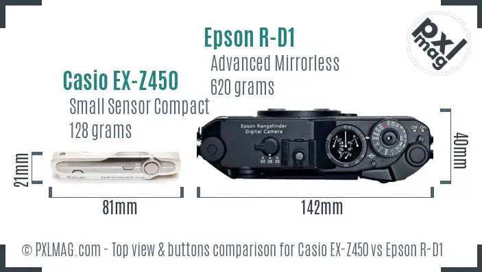 Casio EX-Z450 vs Epson R-D1 top view buttons comparison