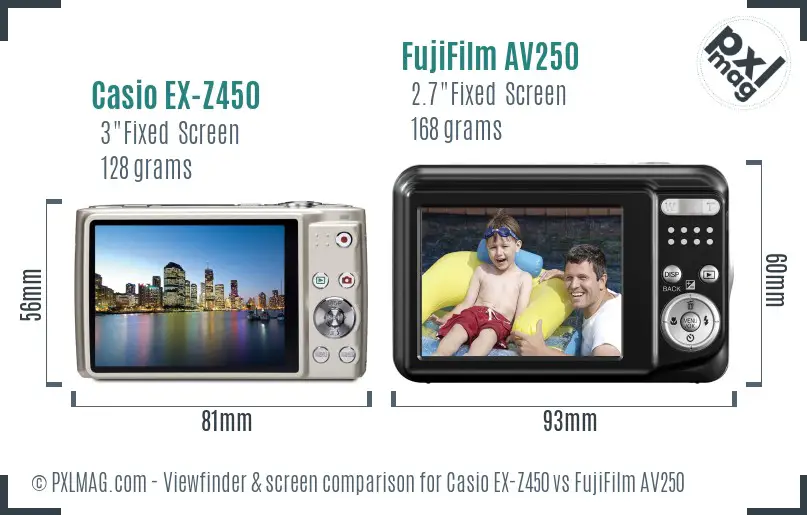 Casio EX-Z450 vs FujiFilm AV250 Screen and Viewfinder comparison