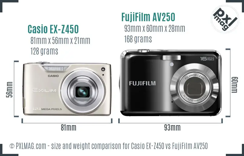 Casio EX-Z450 vs FujiFilm AV250 size comparison
