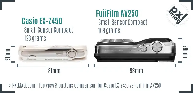 Casio EX-Z450 vs FujiFilm AV250 top view buttons comparison