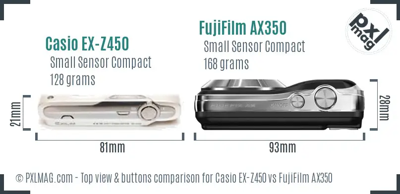 Casio EX-Z450 vs FujiFilm AX350 top view buttons comparison Casio EX-Z450 vs FujiFilm AX350 top view buttons comparison