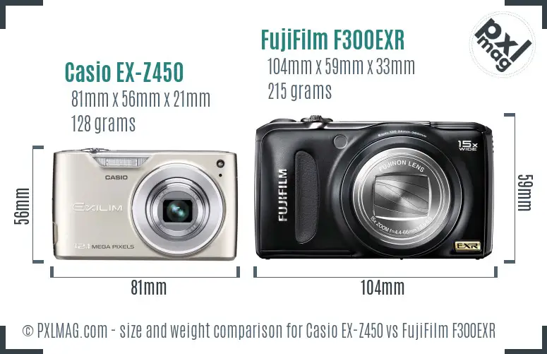Casio EX-Z450 vs FujiFilm F300EXR size comparison Casio EX-Z450 vs FujiFilm F300EXR size comparison