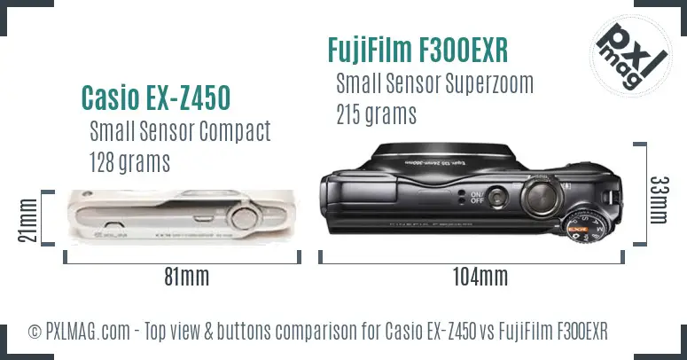 Casio EX-Z450 vs FujiFilm F300EXR top view buttons comparison Casio EX-Z450 vs FujiFilm F300EXR top view buttons comparison