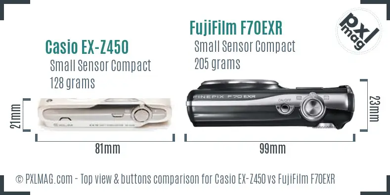 Casio EX-Z450 vs FujiFilm F70EXR top view buttons comparison