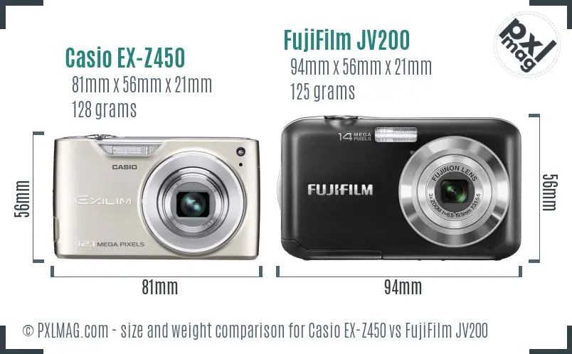 Casio EX-Z450 vs FujiFilm JV200 size comparison Casio EX-Z450 vs FujiFilm JV200 size comparison