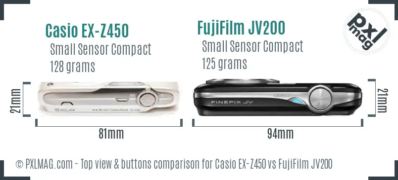 Casio EX-Z450 vs FujiFilm JV200 top view buttons comparison Casio EX-Z450 vs FujiFilm JV200 top view buttons comparison