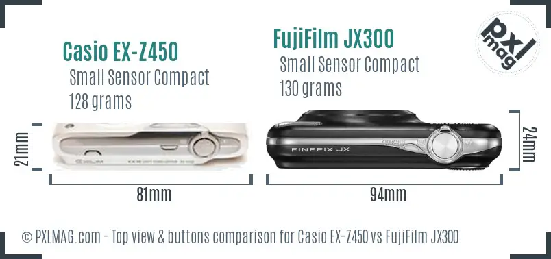 Casio EX-Z450 vs FujiFilm JX300 top view buttons comparison