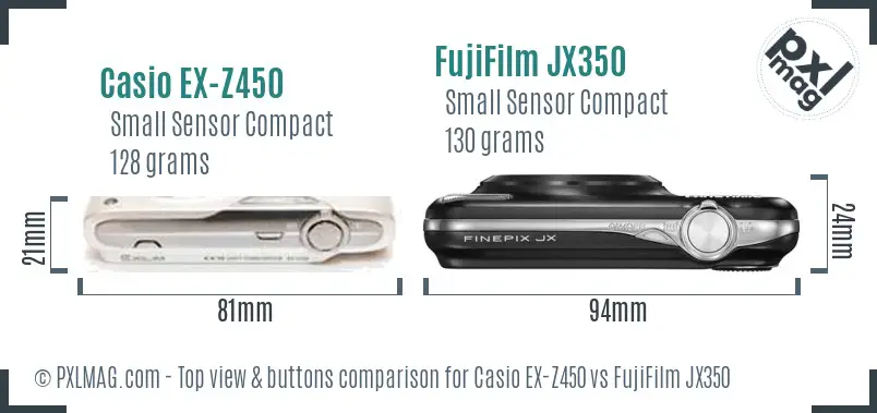 Casio EX-Z450 vs FujiFilm JX350 top view buttons comparison