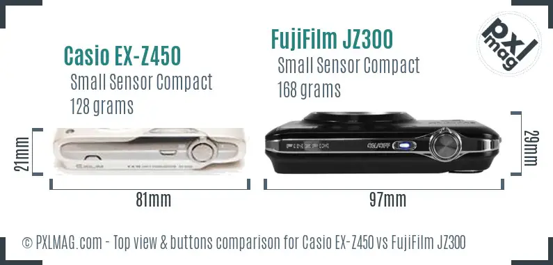 Casio EX-Z450 vs FujiFilm JZ300 top view buttons comparison