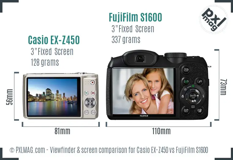 Casio EX-Z450 vs FujiFilm S1600 Screen and Viewfinder comparison