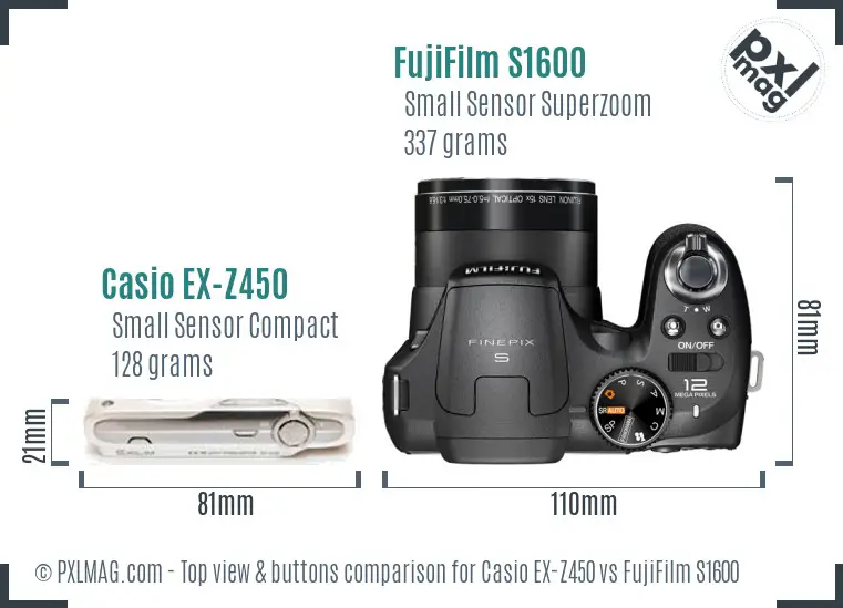 Casio EX-Z450 vs FujiFilm S1600 top view buttons comparison