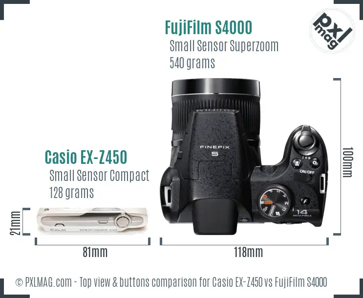 Casio EX-Z450 vs FujiFilm S4000 top view buttons comparison
