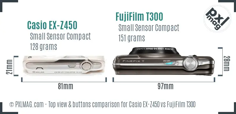 Casio EX-Z450 vs FujiFilm T300 top view buttons comparison