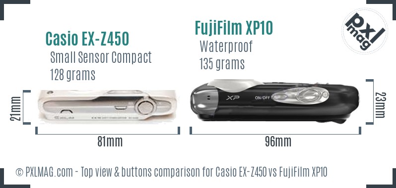 Casio EX-Z450 vs FujiFilm XP10 top view buttons comparison