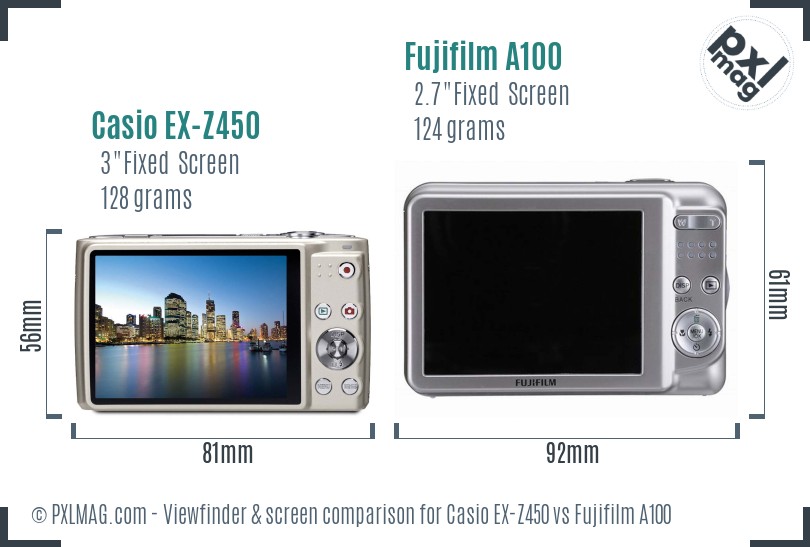 Casio EX-Z450 vs Fujifilm A100 Screen and Viewfinder comparison