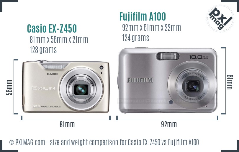 Casio EX-Z450 vs Fujifilm A100 size comparison Casio EX-Z450 vs Fujifilm A100 size comparison