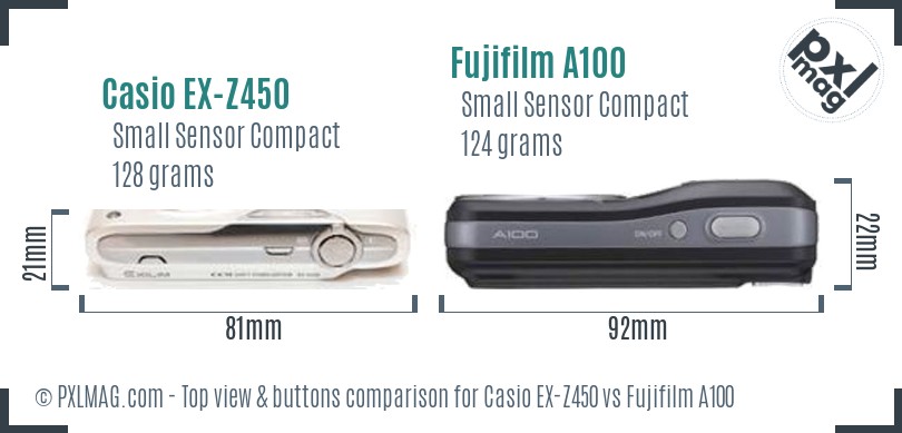 Casio EX-Z450 vs Fujifilm A100 top view buttons comparison