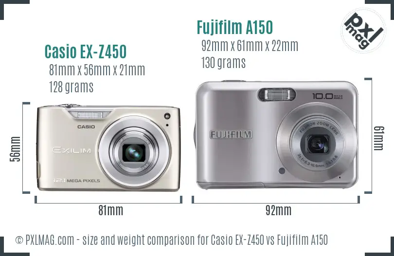 Casio EX-Z450 vs Fujifilm A150 size comparison