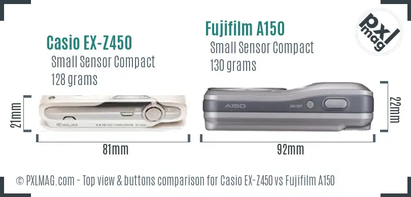 Casio EX-Z450 vs Fujifilm A150 top view buttons comparison