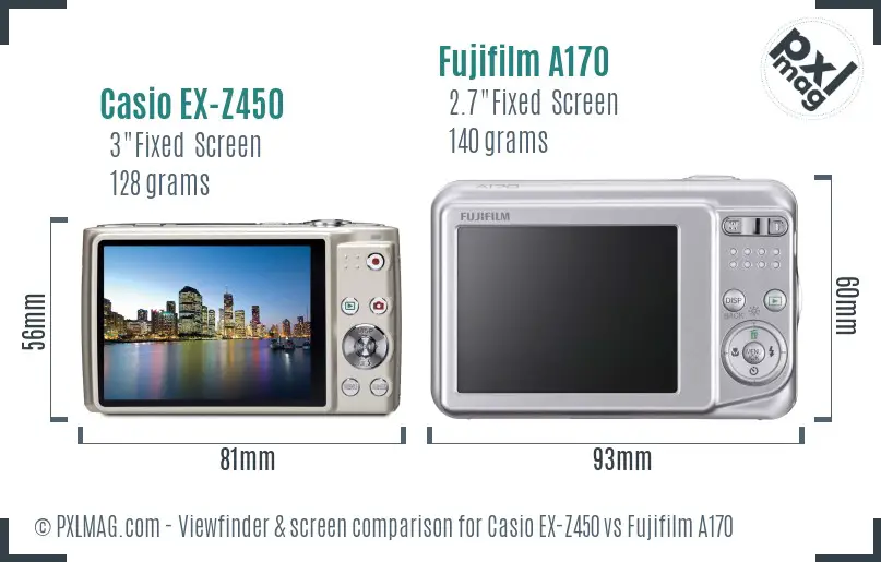 Casio EX-Z450 vs Fujifilm A170 Screen and Viewfinder comparison