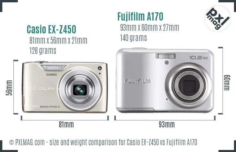 Casio EX-Z450 vs Fujifilm A170 size comparison