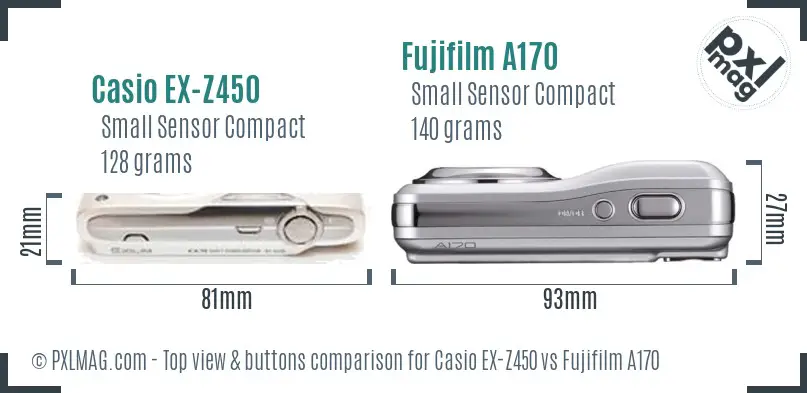 Casio EX-Z450 vs Fujifilm A170 top view buttons comparison