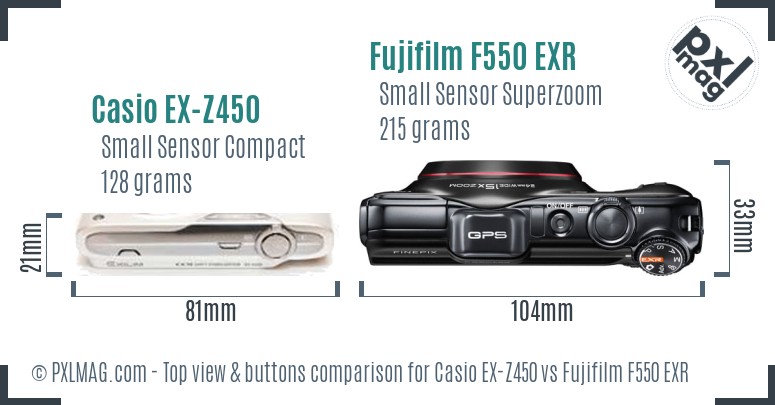 Casio EX-Z450 vs Fujifilm F550 EXR top view buttons comparison