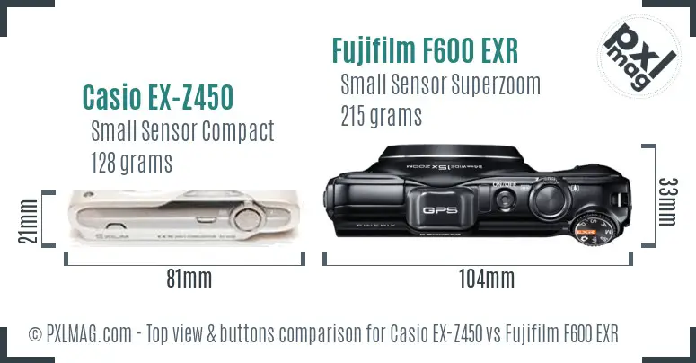 Casio EX-Z450 vs Fujifilm F600 EXR top view buttons comparison