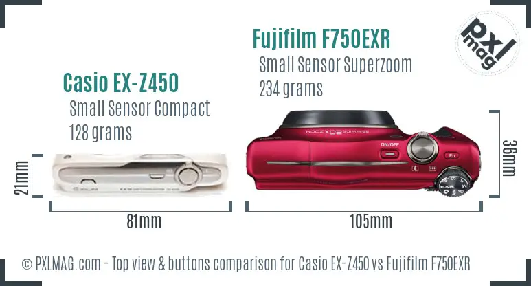 Casio EX-Z450 vs Fujifilm F750EXR top view buttons comparison Casio EX-Z450 vs Fujifilm F750EXR top view buttons comparison