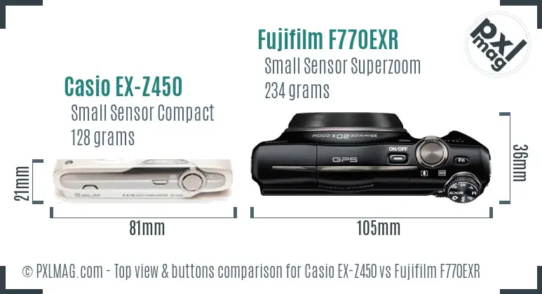 Casio EX-Z450 vs Fujifilm F770EXR top view buttons comparison