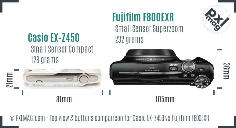 Casio EX-Z450 vs Fujifilm F800EXR top view buttons comparison